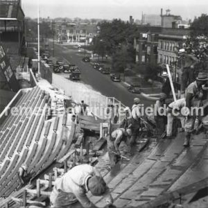 The view down Waveland of the left field bleachers under construction at Wrigley Field in 1937