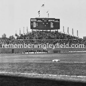 New bleachers and scoreboard highlight the Wrigley Field opening day in 1938