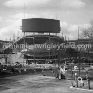 The new Wrigley Field scoreboard at the intersection of Sheffield and Waveland avenues in 1938